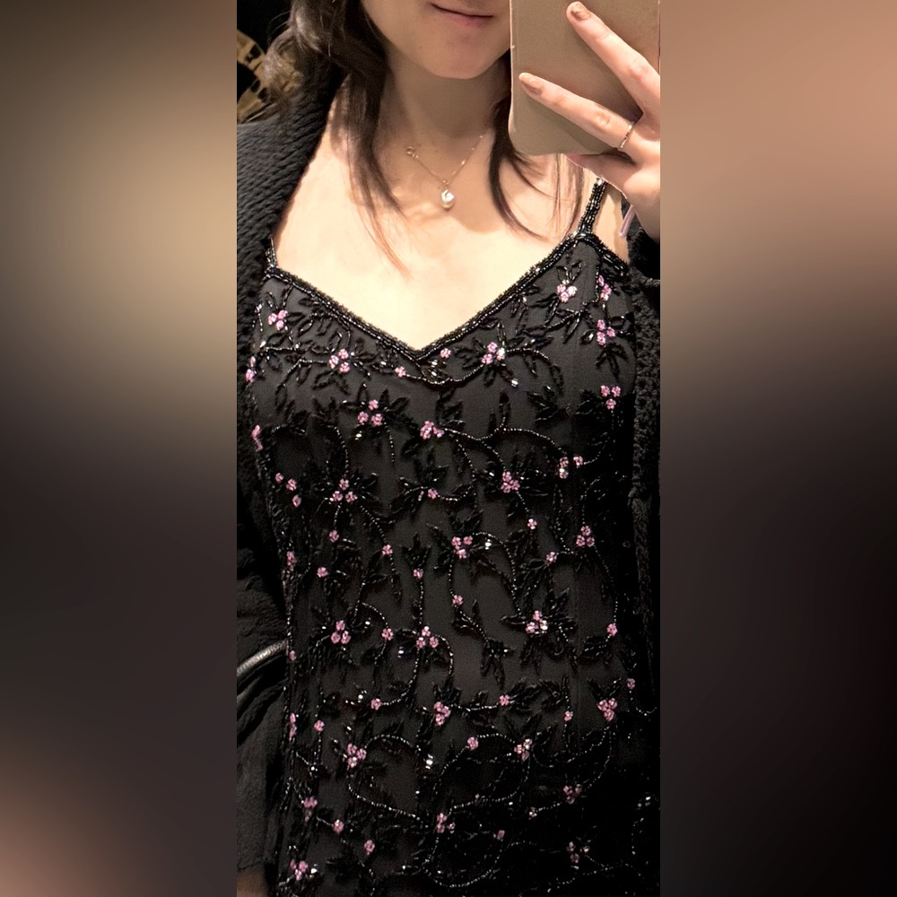 Vintage black floral beaded (100% silk) cocktail semiformal slip dress Paradise - Picture 12 of 16
